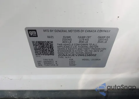 2021 Chevrolet Equinox Awd Lt z USA, uszkodzony, nr VIN 2GNAXUEV2M6158002